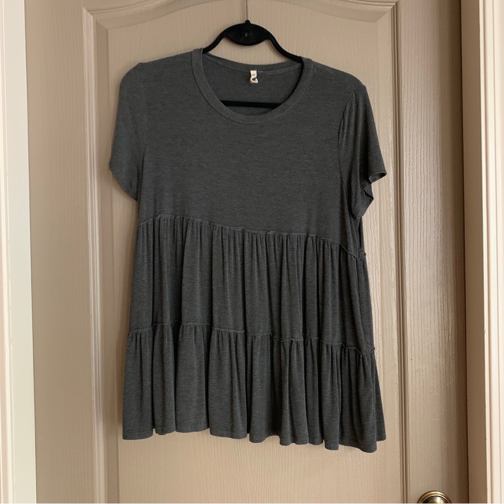 Charcoal Tiered Babydoll Tee Dress Top S | Capsule Wardrobe Soft Drape